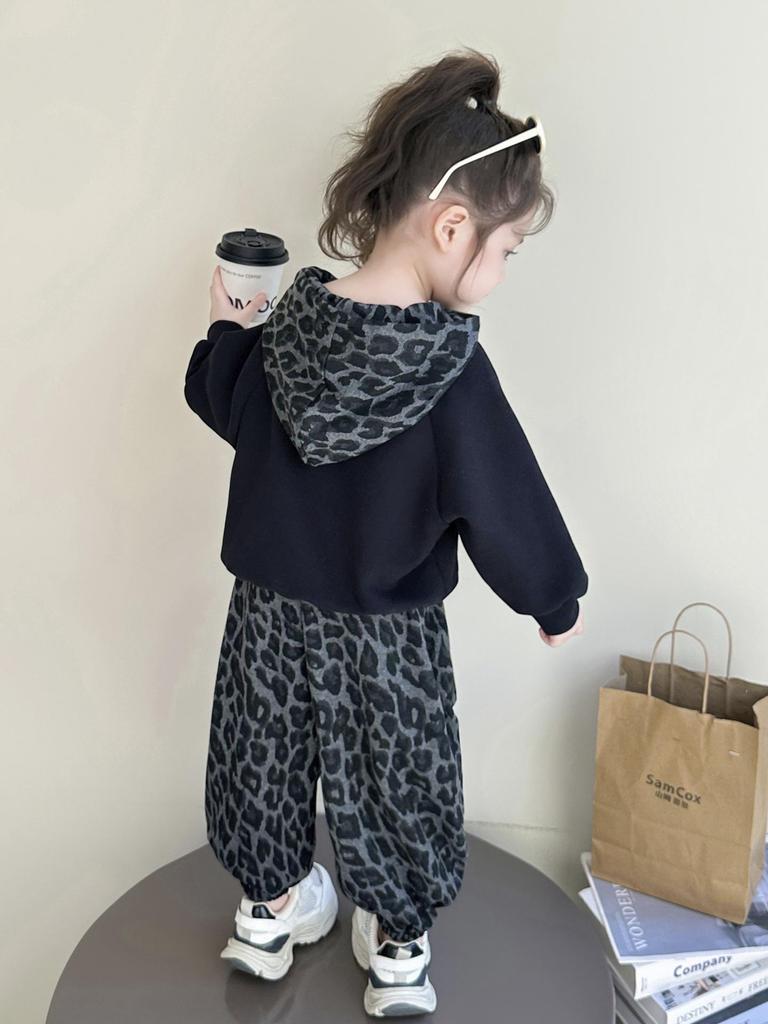 Girls' Korean-Style Leopard Print Hooded Sweatshirt and Pants Set - 2025 Spring/Autumn Fashion