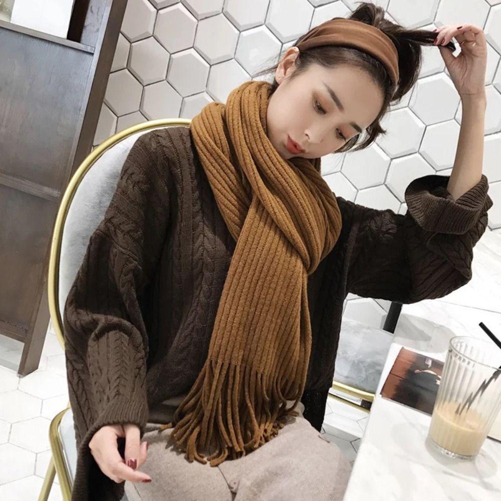 Long Tassel Solid Color Scarves Soft Knitted Scarf New Winter Cashmere Scarf  Women
