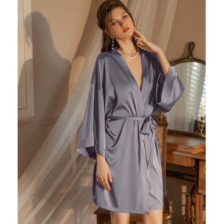 Hollow ice silk French sexy suspender nightdress lace chest pad pajamas temptation loungewear set backless summer