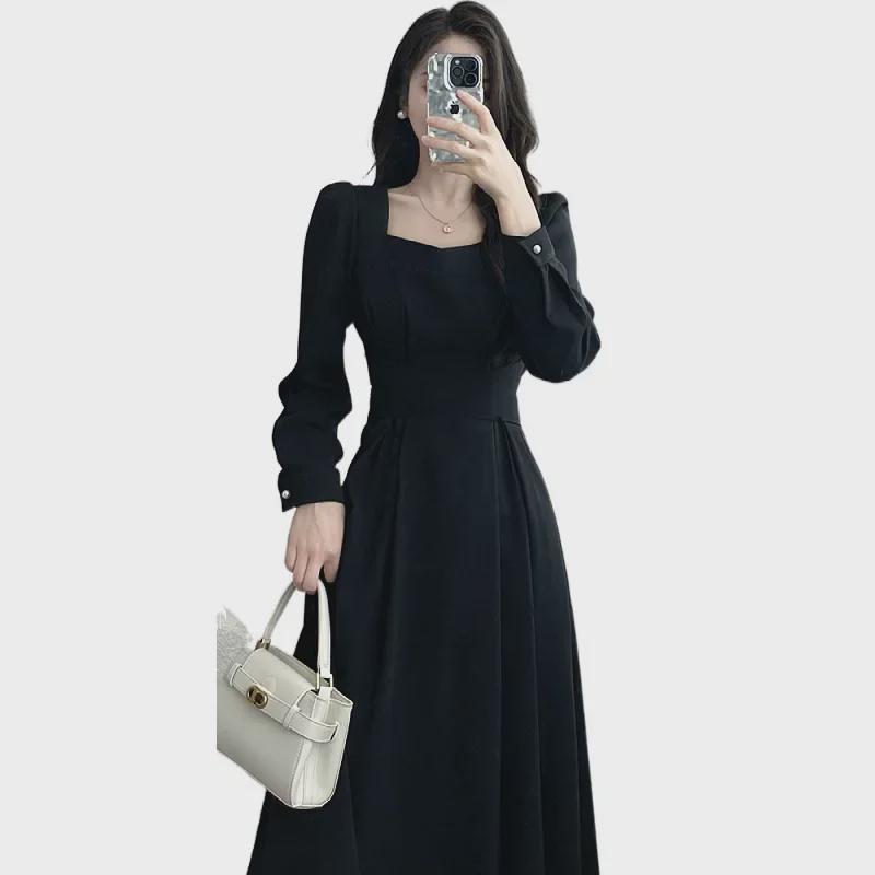 Женское платье-трапеция с квадратным вырезом и длинными рукавами 2024 года, тонкая талия, средняя длина