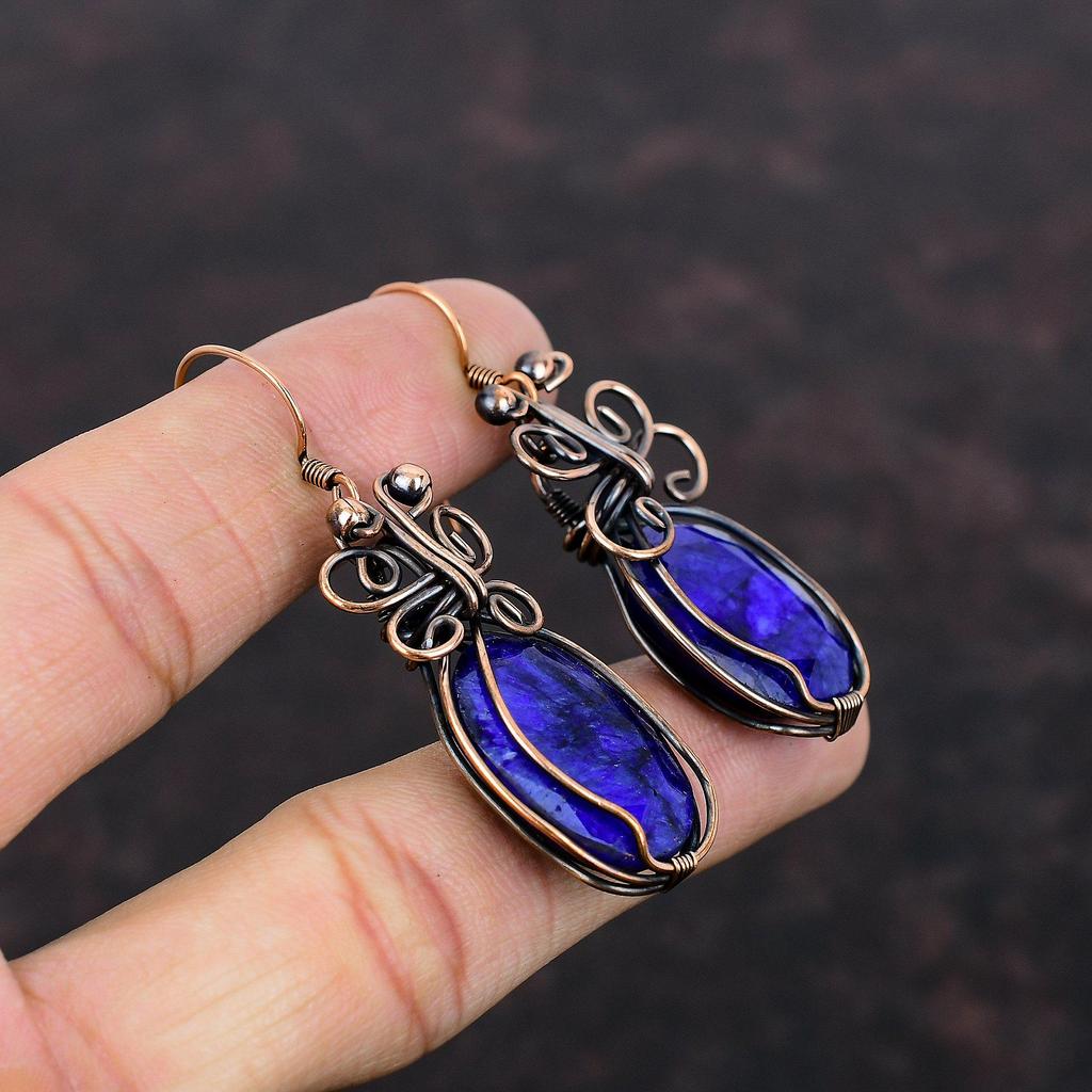 Серьги с граненым синим сапфиром, обернутые медной проволокой, серьги ручной работы, изящные драгоценные камни, серьги в обертке из медной проволоки, подарок для матери