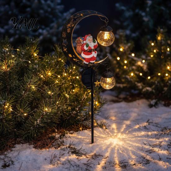 Auto On Off Solar Lamps Santa Garden Stake Light, Powered Crescent Moon Lamp, Double Christmas Pathway Lighting Glass Globes, Waterproof Light