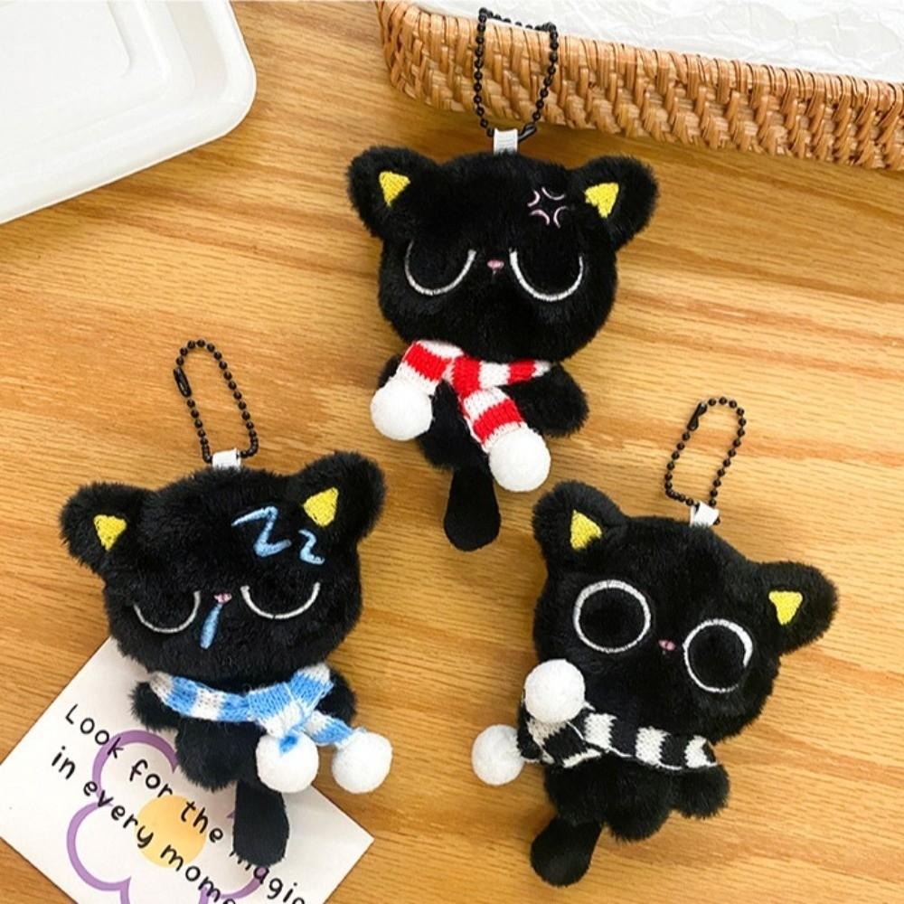 Stripe Scarf Black Cat Plush Keychain Soft Car Key Ring Doll Bag Pendant  School Bag Decoration