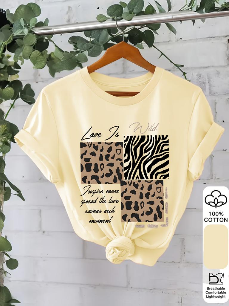 Letter Leopard Pattern Print Casual Summer Women's Versatile Short Sleeve T-Shirt Women Clothing Vintage Clothes Y2k Top