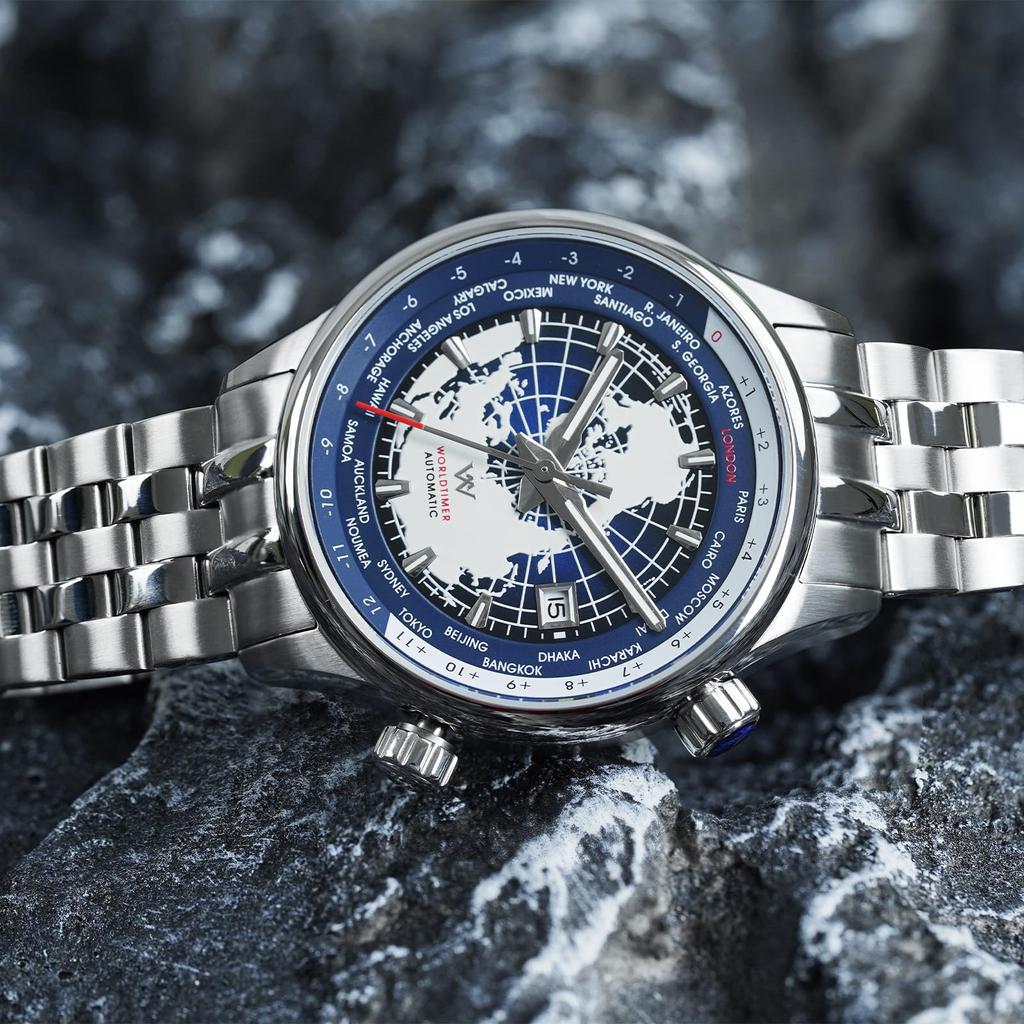 Мужские часы с функцией мирового времени, водонепроницаемость 100 м, простые, стильные, популярные и формальные - WM057 - серебристо-синие