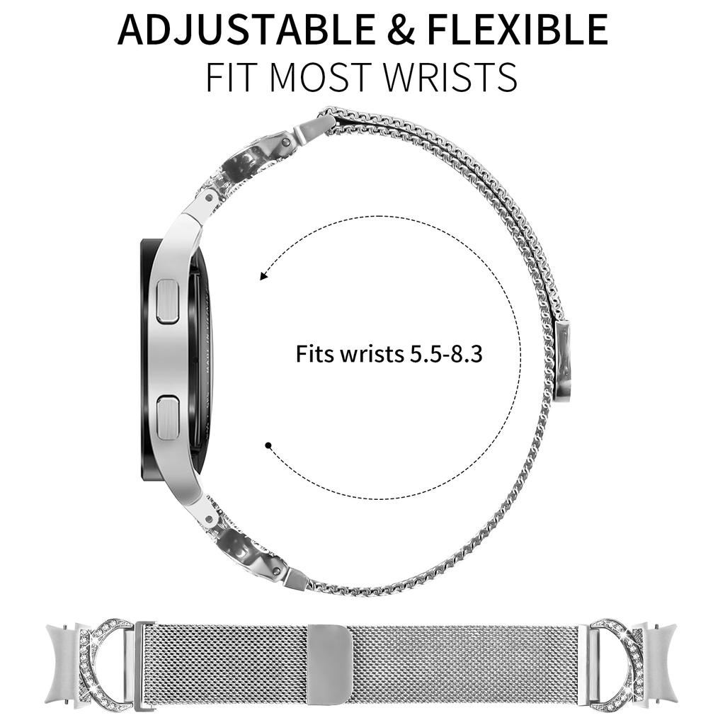 Watch Strap with Quick Release Connector for Samsung Galaxy Watch6 Classic 47mm 43mm/Watch6 44mm 40mm Milanese Silver Watch Band Rhinestone Decor