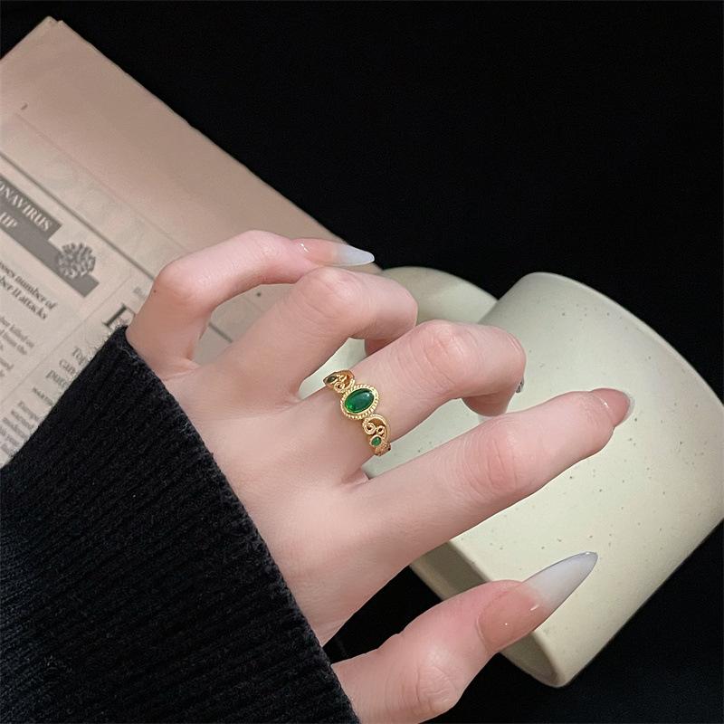 Fashion Gold Emerald Drop Glaze Open Ring Zircon Enamel Personality Light Luxury Premium Retro Ladies Ring