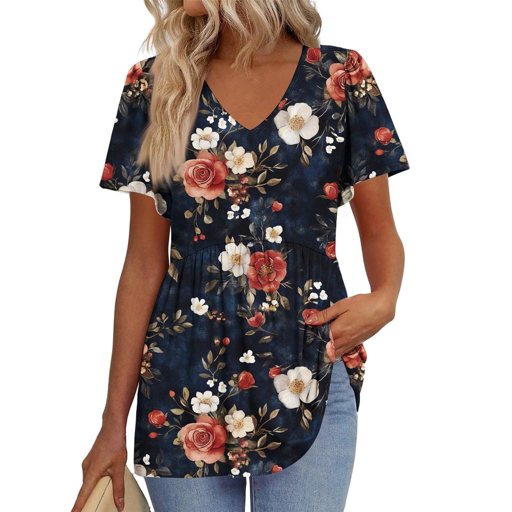 Women's Loose Casual Print V-Neck Short Sleeved T-Shirt Top Short Sleeved T-Shirt Top