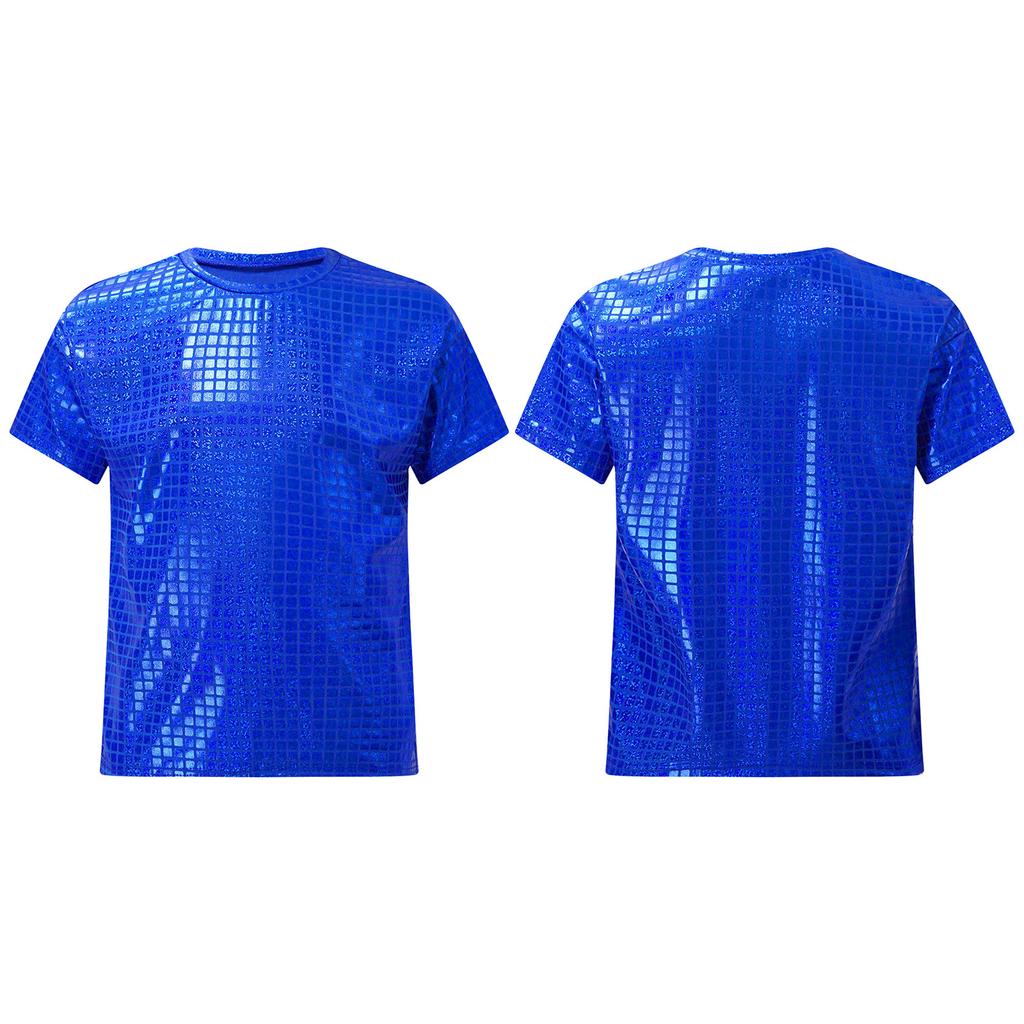 Мальчики Девочки Блестящая Клетчатая Футболка Унисекс Детские Футболки с Коротким Рукавом Топы Чирлидинг Уличные Танцы Хор Сценическое Выступление