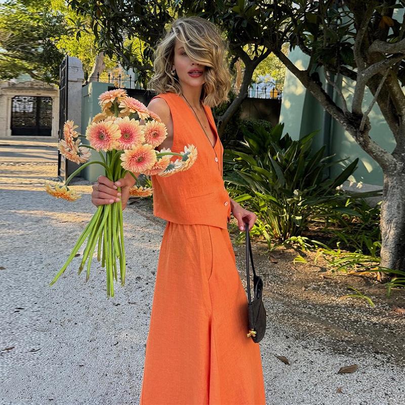 Solid Color Two Piece Set for Women 2025 Fashion V Neck Sleeveless Top High Waist Temperament Skirts Elegant 2 Piece Sets Female