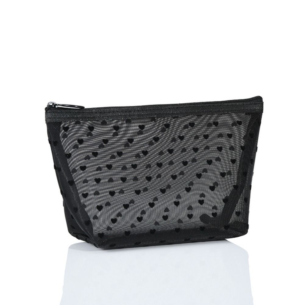 Wave Point Transparent Cosmetic Bag Large Capacity Love Heart Mesh Makeup Bag Cute Travel