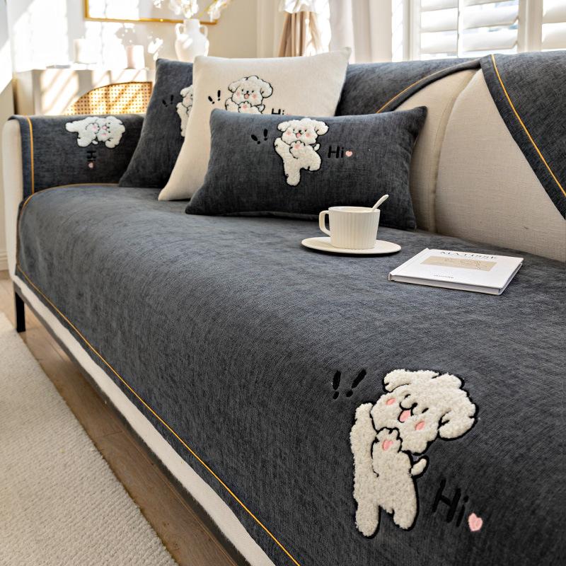 Скандинавский мультяшный диванный коврик из синели с собакой, Нескользящий диван, полотенце, чехол для подушки, четыре сезона, универсальные простые чехлы для дивана