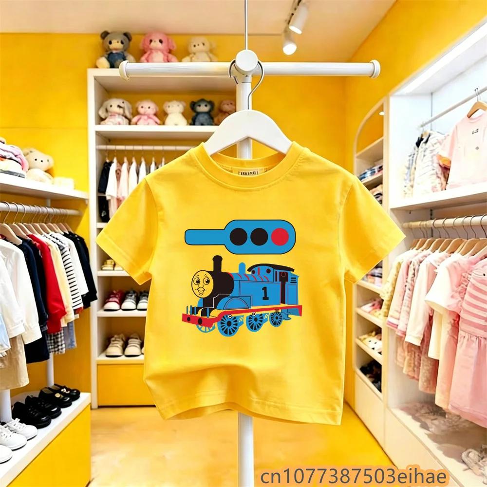 Summer Outdoor Tshirt Toddler Kids Thomas Train Cartoon Print Pure Cotton Short Sleeve Y2K Cute Fun Trendy Apparel