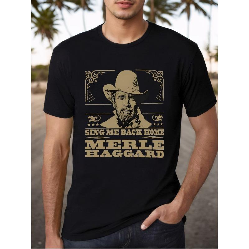 Европейские размеры Мужская футболка с графическим принтом Merle Haggard - Черная С круглым вырезом С коротким рукавом Повседневная Свободный крой для лета