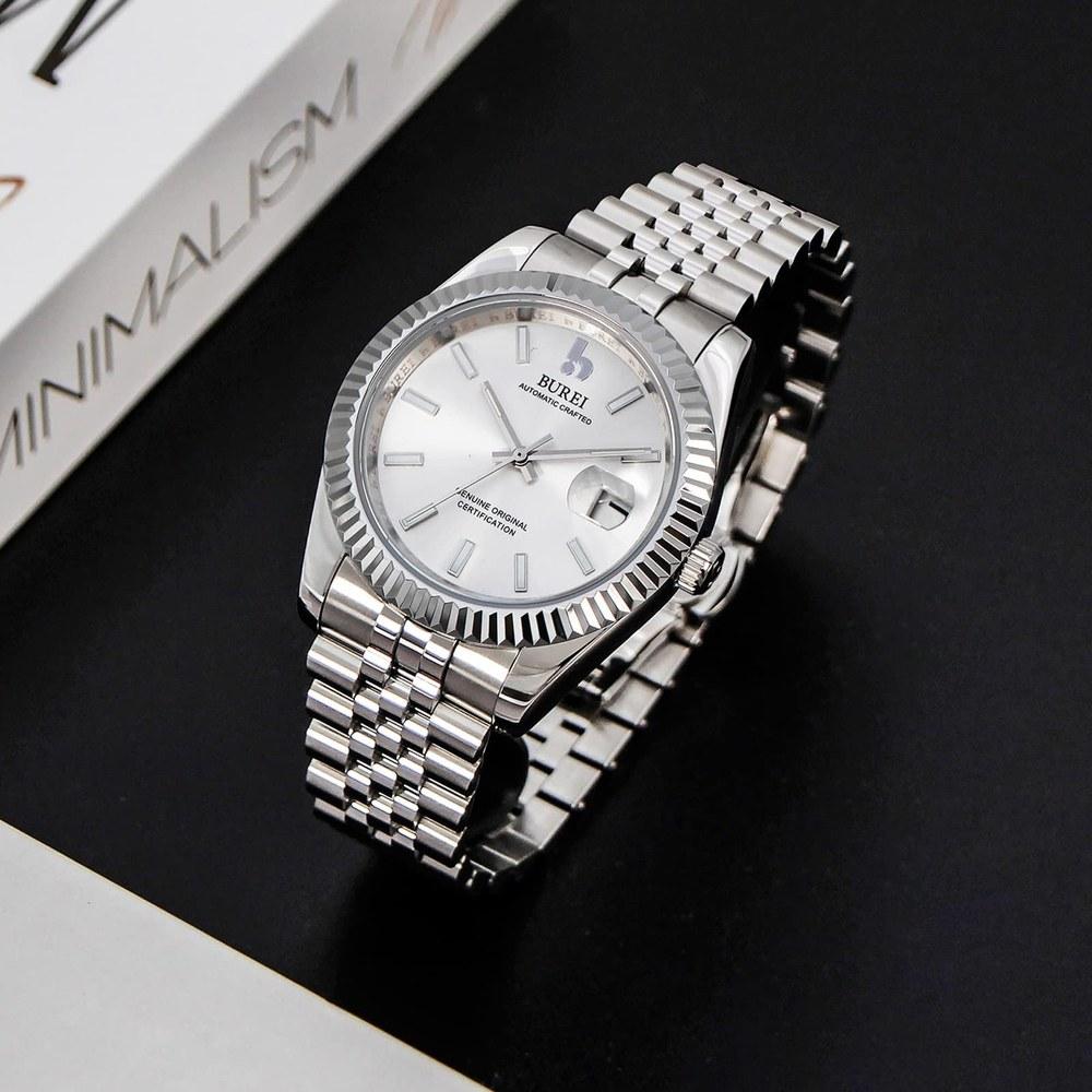 BUREI Men's Waterproof Automatic Watch Japanese Mechanical Movement Business Style Night Glow Silver
