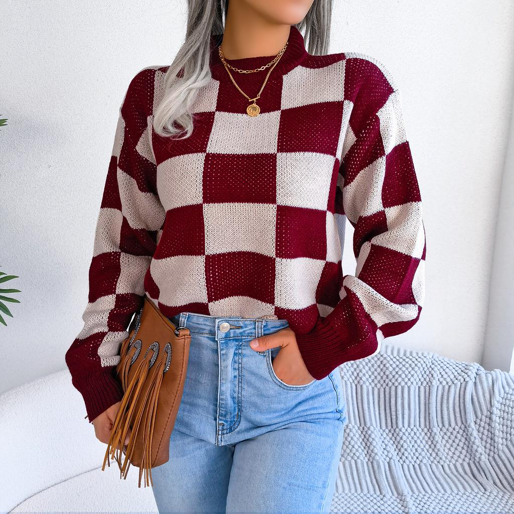 GMXIA Women's Fashion Casual Plaid Print Autumn Winter Long Sleeve Round Neck Loose Street-style Color Pullover Sweater
