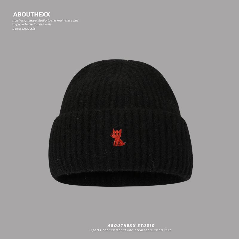Autumn and Winter Warm Knitted Hats for Men and Women Korean Style Small Fox Embroidered Loose Big Head Circumference Woolen Hat Ins Trend