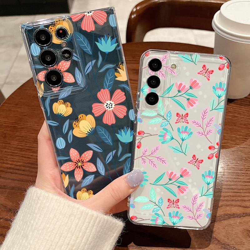 Чехол для телефона с цветочным и листовым узором для Samsung Galaxy S26 S25 S24 S23 Ultra S22 Plus S24 S21 FE S25 Edge Прозрачный силиконовый мягкий чехол