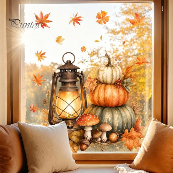 Durable Window Clings for Glass Autumn Maple Leaf Pinecone Scarecrow Pumpkin Static Clings, Waterproof PVC Film Stickers, Removable Seasonal