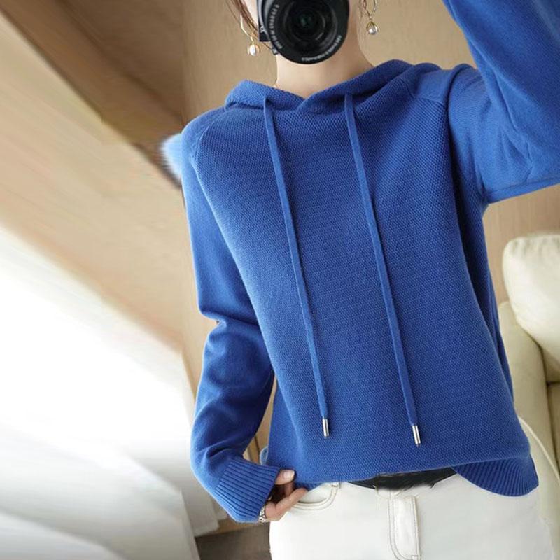 Пуловер, осенние и зимние свитера, женские свитера с капюшоном, свободный трикотаж с подкладкой, однотонный пуловер с длинными рукавами, женские топы