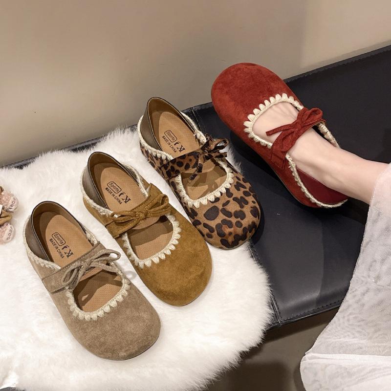 New Spring Leopard Print Mary Jane Shoes Women's Flat-soled Single Shoes Retro Versatile Casual Shoes Soft-soled Beanie Shoes Women