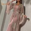 2 Pcs/Set Women Evening Dress Big Swing Shiny Bronzed Cardigan Slip Dress Set See-through Mesh Long Sleeve Coat Cocktail Events Special Occasions