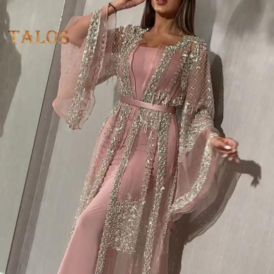 2 Pcs/Set Women Evening Dress Big Swing Shiny Bronzed Cardigan Slip Dress Set See-through Mesh Long Sleeve Coat Cocktail Events Special Occasions