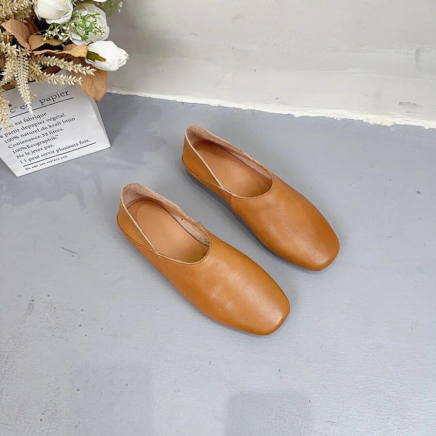 Johnature Genuine Leather Shallow Flat Shoes Round Toe Soft Sole Loafers Casual Solid Color Women's Slip-on Shoes