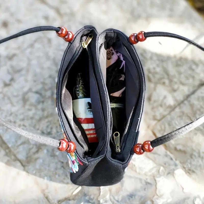 Stylish Floral Embroidered Handbag, Trendy Zipper Canvas Bag, Women's Fashion Purses