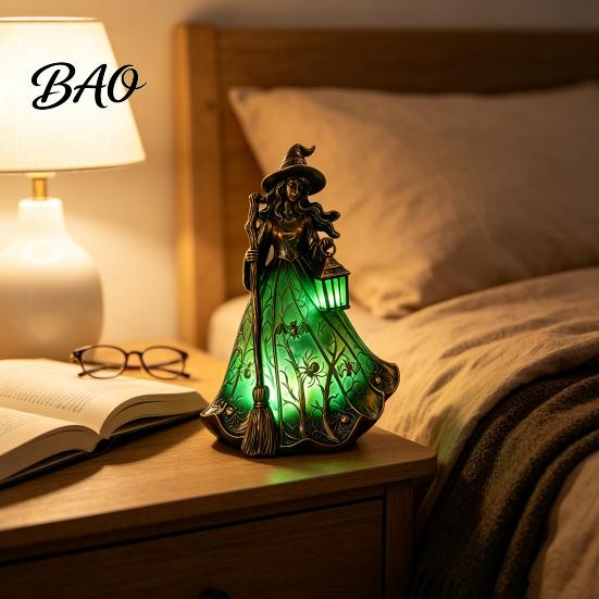 Vintage Style Table Decoration Halloween Witch Tabletop Lamp, Gothic Night Light with Broom & Lantern, Lamp USB Powered Spooky Ambient for Mantel