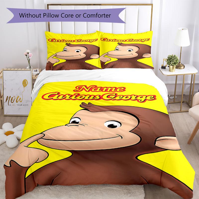 3pcs Custom Name Curious George Bedding Set Duvet Cover Closure Includes 1 Duvet Cover & 2 Pillowcases, Soft and Comfortable for All Seasons.