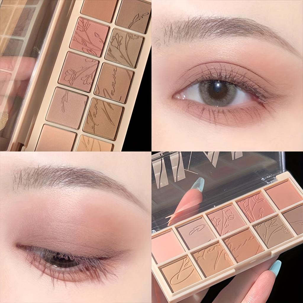 Палитра теней для век Smoky Eye Shadow из 10 цветов. Стойкий матовый и мерцающий финиш. Черные, коричневые, коралловые, розовые, земляные тона для контурирования лица и повседневного макияжа.