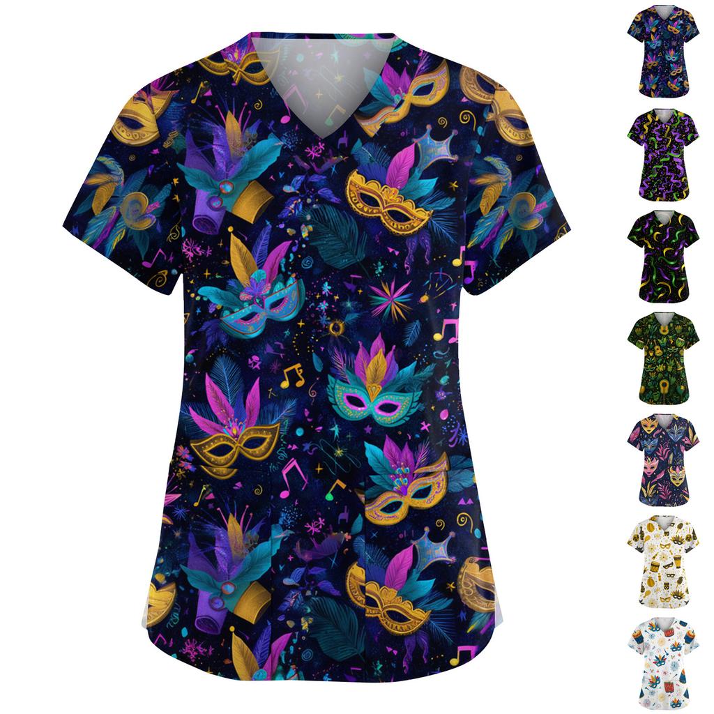 Женская мода V-образный вырез короткий рукав комбинезон с карманами принт топы одежда