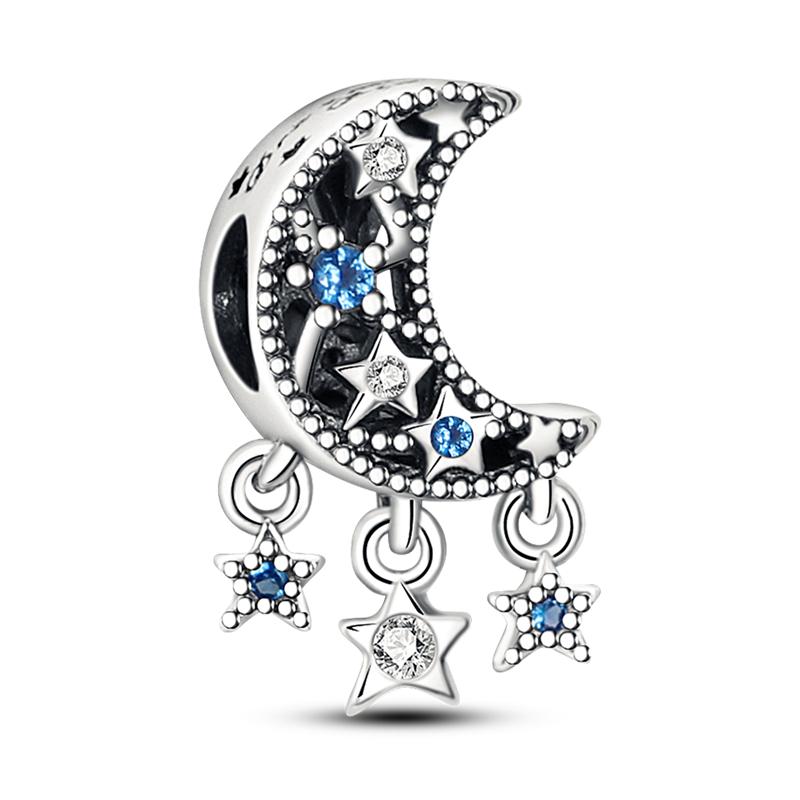 Silver S925 Blue Series Beads Fit Bracelet Bangle Diy Original Design Star Moon Galaxy Charms For Jewelry Make