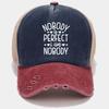 Бейсболка «Nobody is Perfect» — унисекс-кепка для активного отдыха с регулируемой сетчатой спинкой и потертым денимом спереди