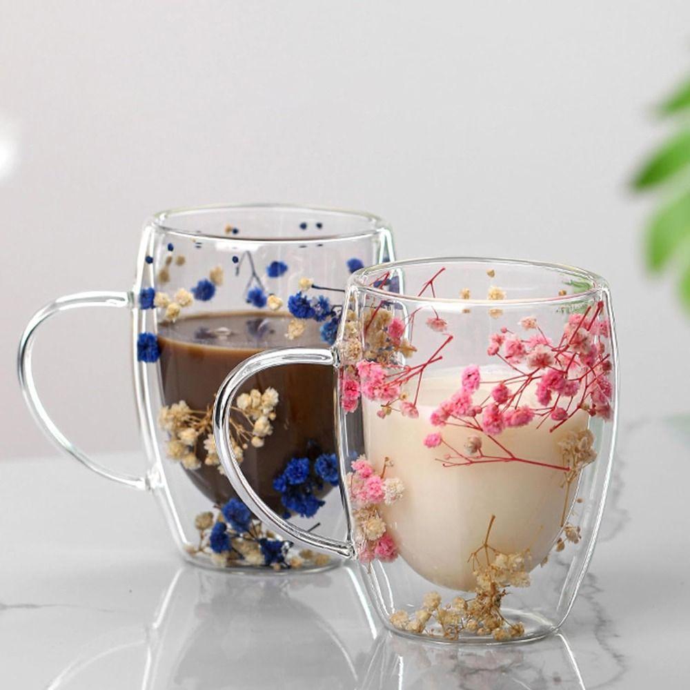 Heat Resistant Dried Flowers Glass Mugs 350ml Flower Cup Simple Coffee Mug  Home&Office