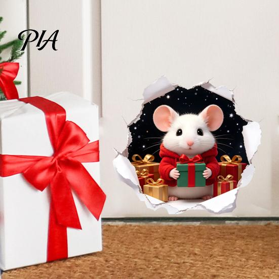 Christmas Mouse Wall Decals 3D Hole Illusion Sticker, Peel And Stick Waterproof PVC Realistic Gift Stickers Decal for Window Glass, Festive