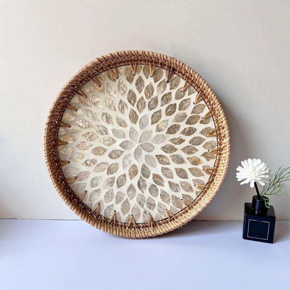 Shell Mosaic Rattan Serving Tray Home Decor Decorative Wall Plate Creative Gift Round Woven Tray