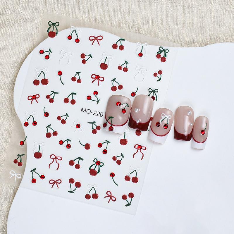Fashion Red Cherry Rowknot 3D Nail Sticker Self-Adhesive Nail Art Decoration Sticker For Women Manicure Diy Decals Decoration