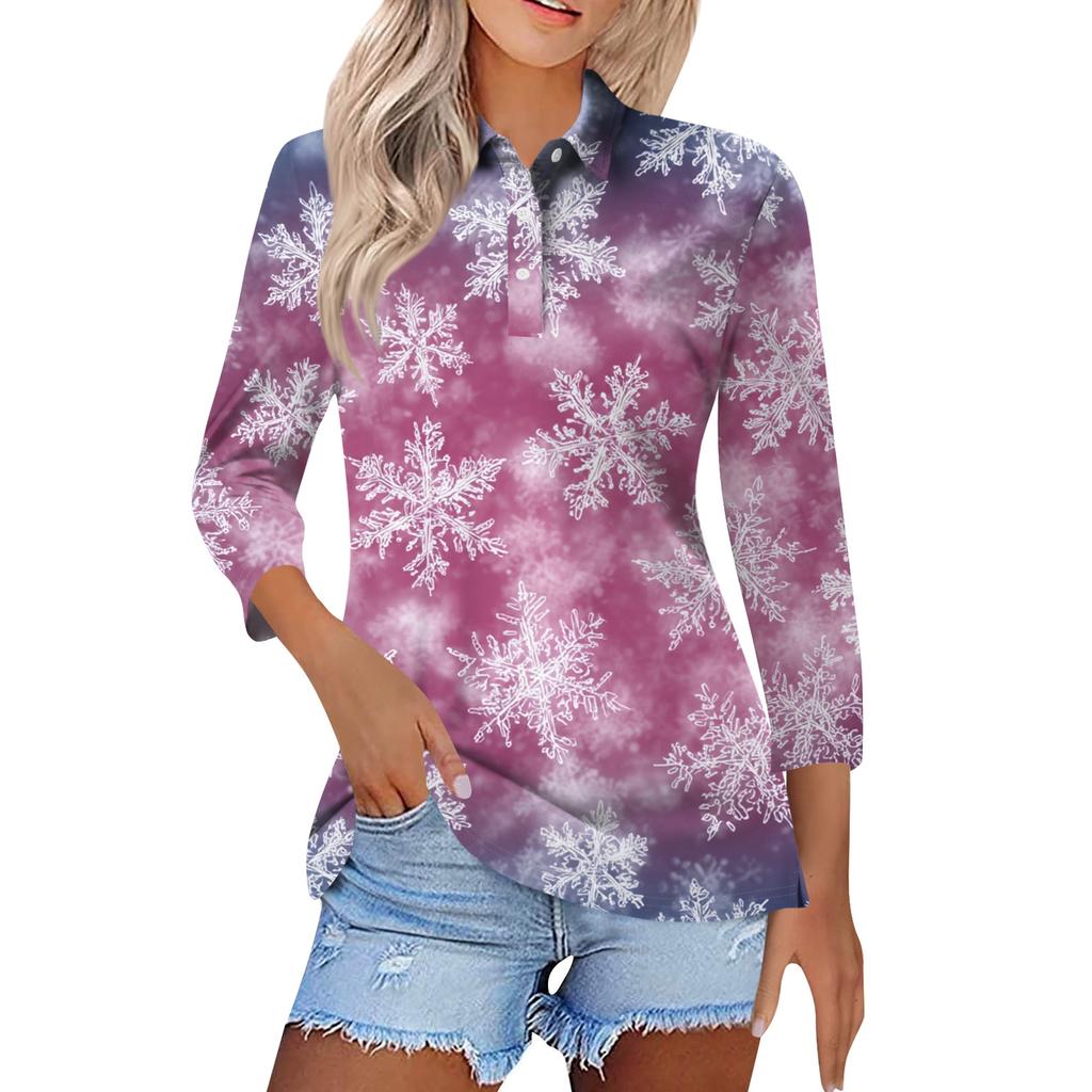 Women's Fashion Casual Lapel Short 3/4 Sleeve Christmas Print Shirt Women's Button Up Tops