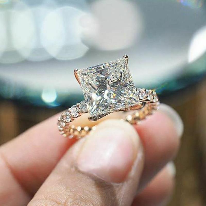 Luxury Gold Color Square Cubic Zirconia Promise Rings Trendy Wedding Engagement Accessories for Women Brilliant Jewelry