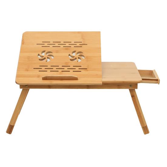 Регулируемый бамбуковый стол для ноутбука с эффектом охлаждения вентилятором, откидной верхний ящик, складной прикроватный столик