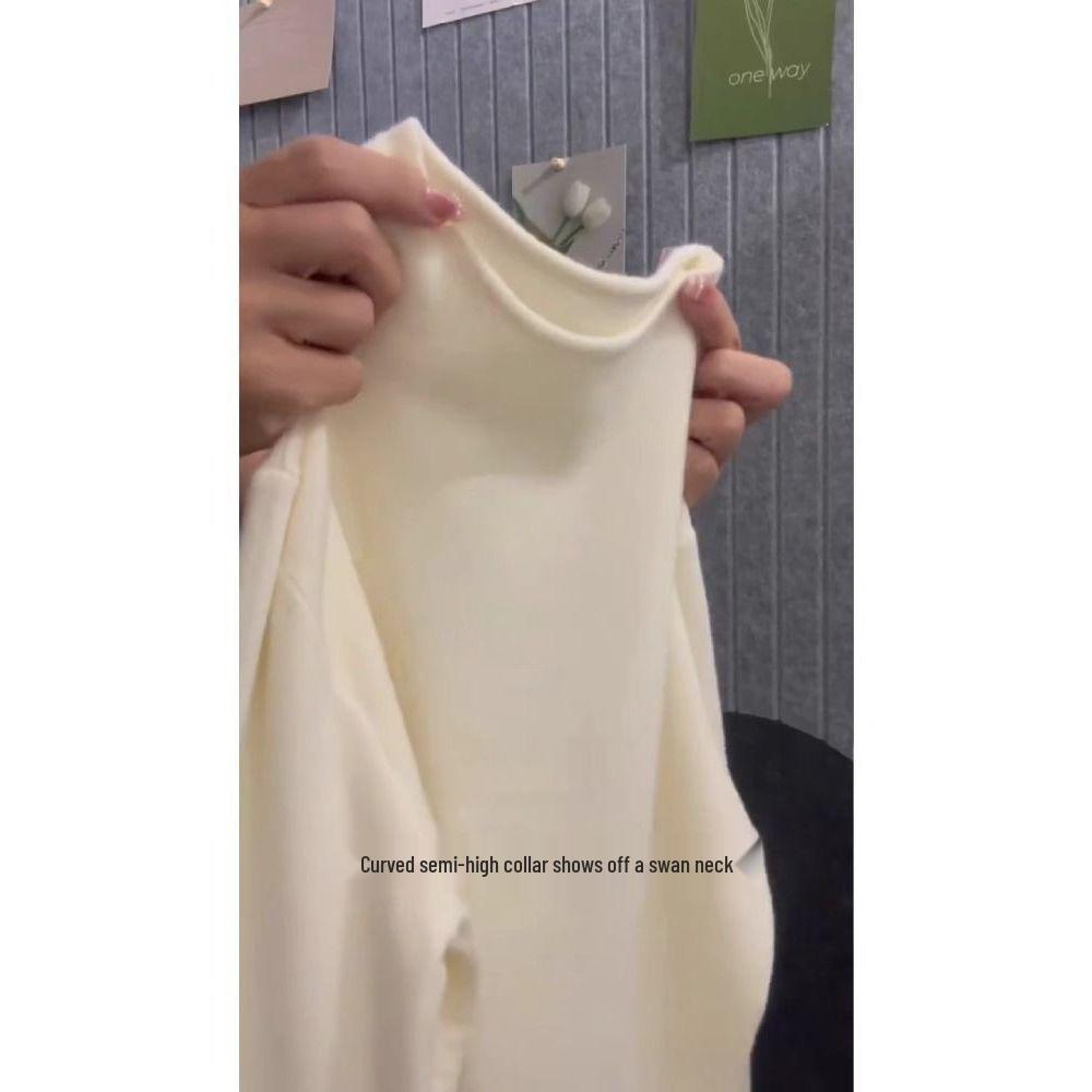 Autumn 2024 Women's Semi-High Neck Soft Sweater: Slim Fit Straight Shoulder Knit