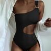 Stylish Women Swimsuit Padded Off Shoulders Bodysuit Pure Color Openwork Bikini Beachwear