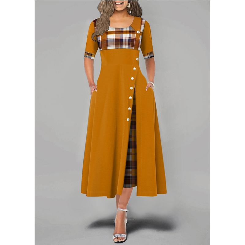 Женское модное платье макси в клетку с короткими рукавами и пуговицами, большие размеры S-5XL