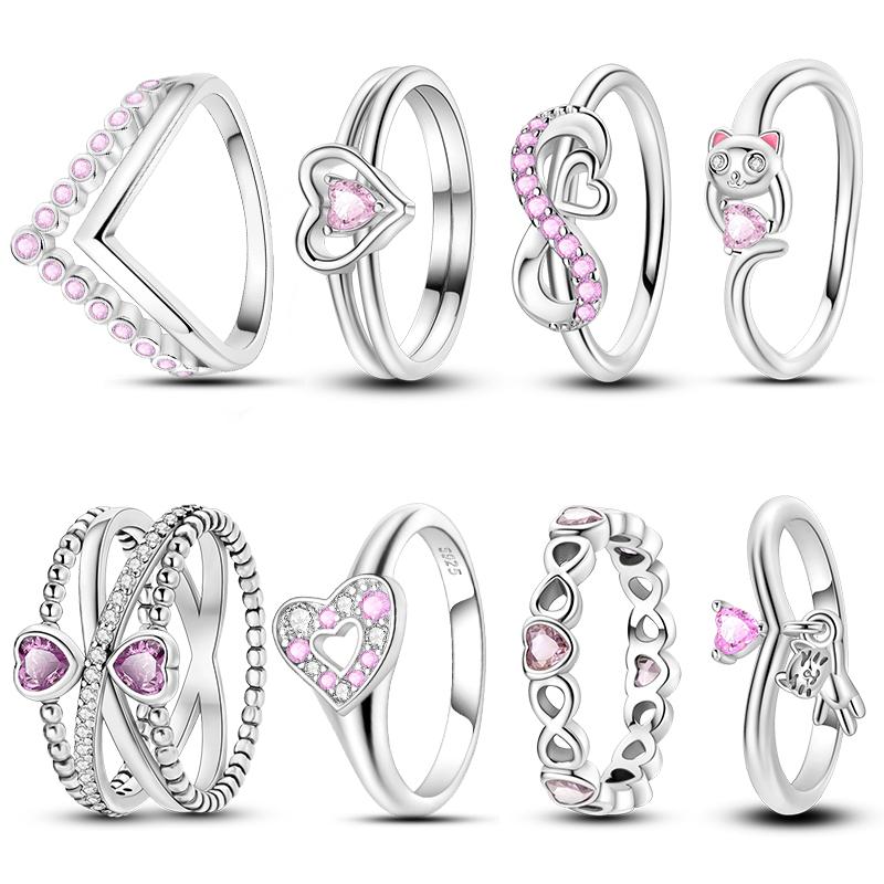 Charms Spring 925 Silver Color Rings Pink Heart Shaped Zircon Cat Rings for Woman Fine Romantic Wedding Engagement Jewelry Gifts