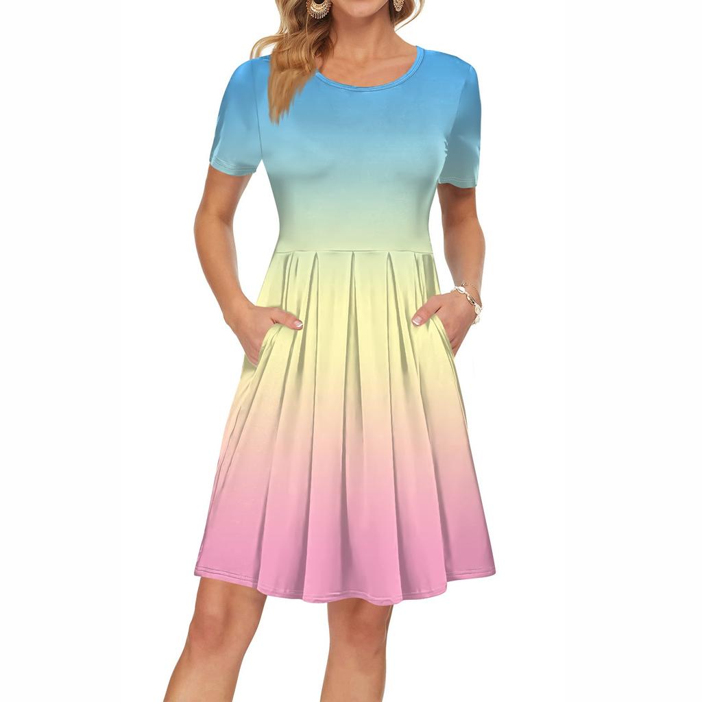 Женское платье с коротким рукавом, плиссированное, свободное, повседневное платье с карманами, платья длиной до колена