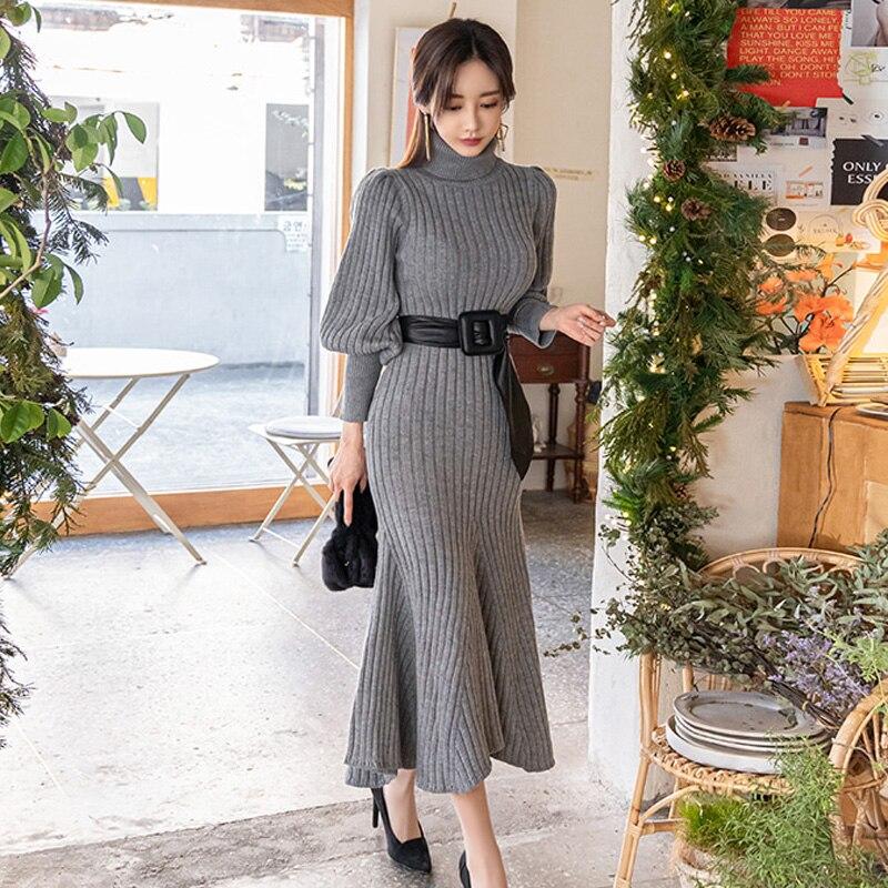 Autumn Winter New Korean Style Long Sleeve Women's Fashion Turtleneck Warm Long Maxi Knitting Pullover Sweater Dresses With Belt