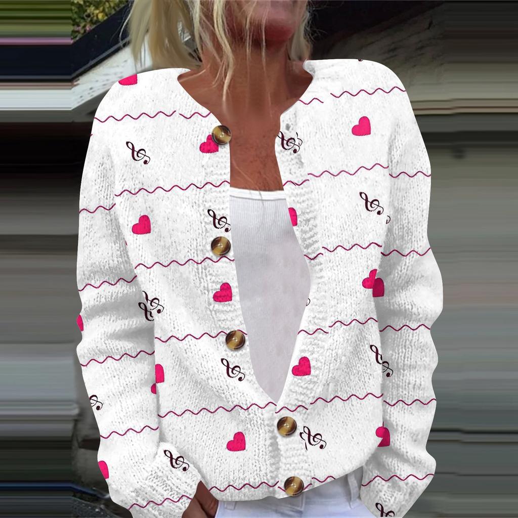Women's Fashion Printed Valentine's Day Long Sleeved Knitted Cardigan Button Down Jacket