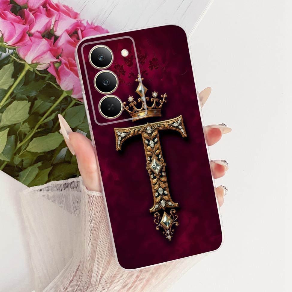 Чехол для Realme 14x 5G Индия Чехол RMX3940 Прозрачный Роскошная Корона Буквы А-Я 2D Плоский Узор Мягкий Чехол для Телефона